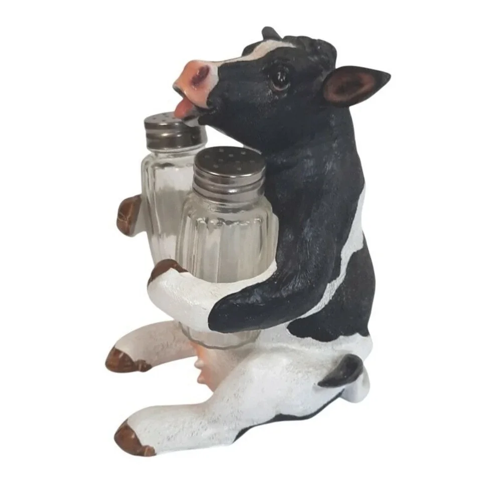 Cow Salt & Pepper Shaker Holder Set Black White Holstein Resin Farmhouse HD25971